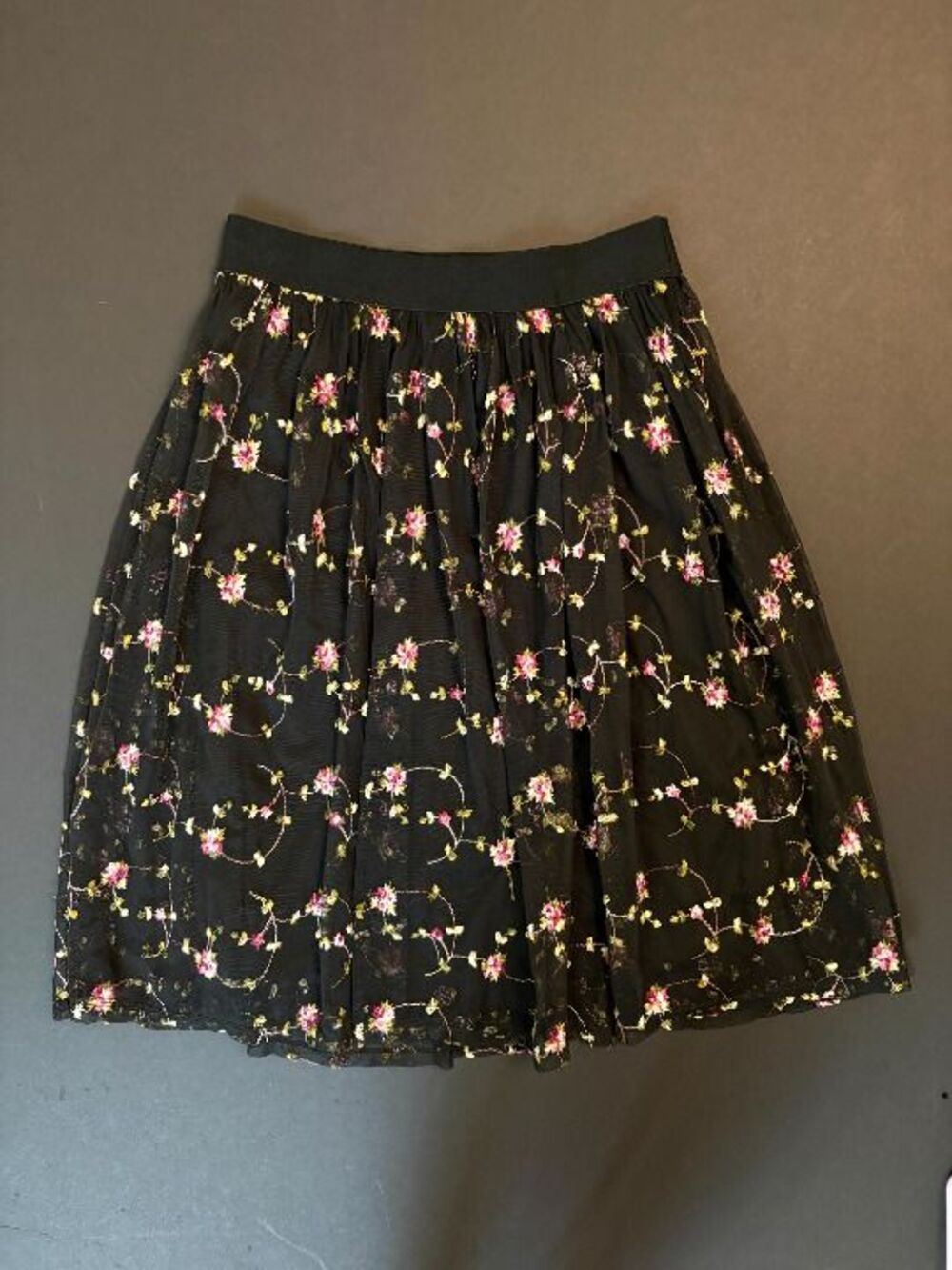 Whimsigoth Black Mesh Floral Embroidered A-Line Skirt Small Whimsical Gothic